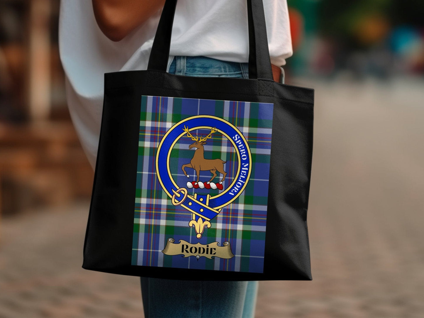 Physical Item 15"x16" / Black Scottish Clan Crest on Tartan Background Tote Bag