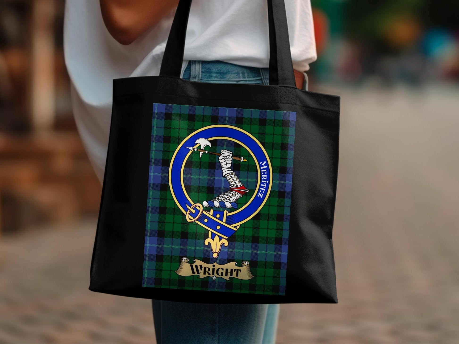 Physical Item 15"x16" / Black Scottish Clan Crest on Tartan Background Tote Bag