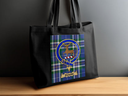 Physical Item 15"x16" / Black Scottish Clan Crest on Tartan Background Tote Bag