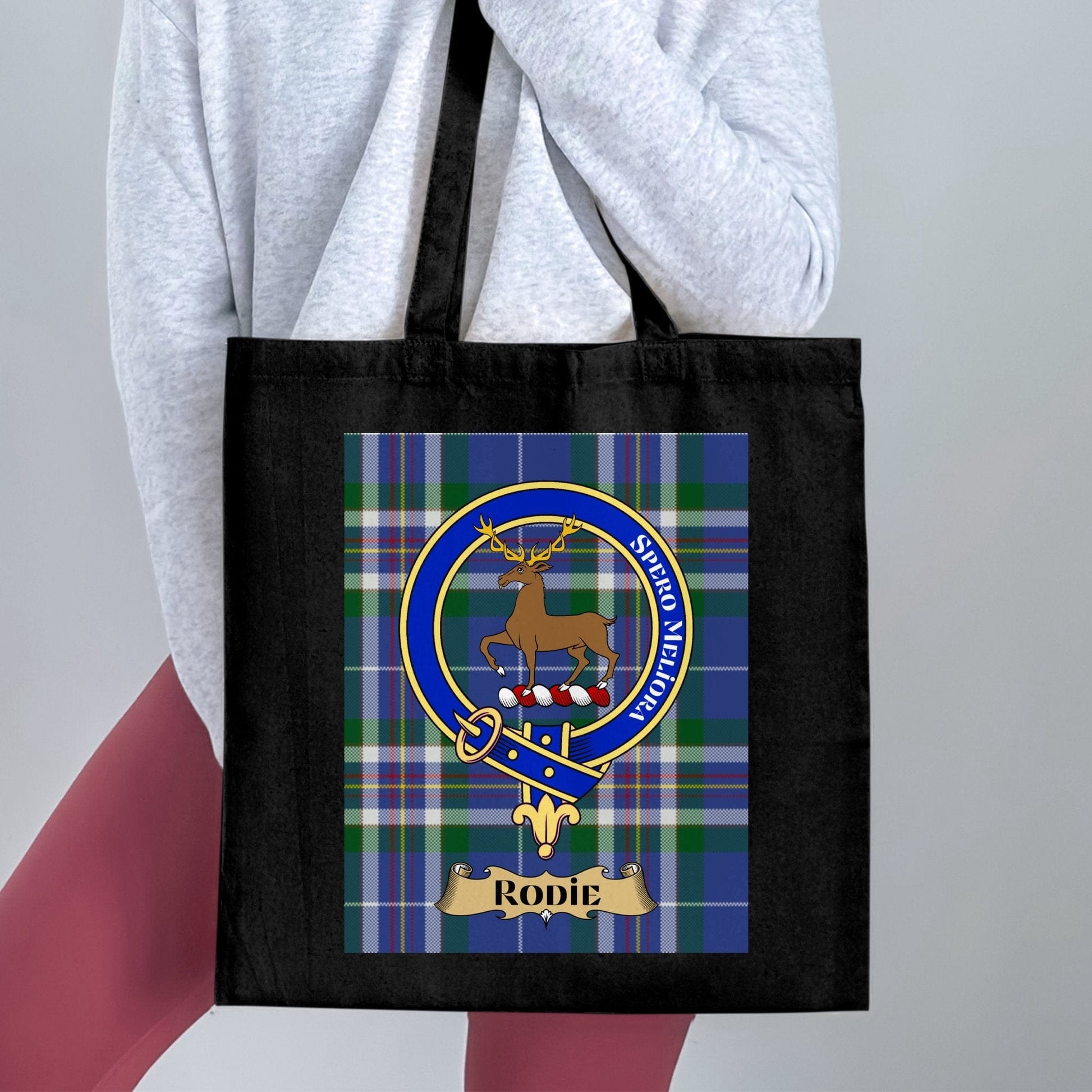 Physical Item 15"x16" / Black Scottish Clan Crest on Tartan Background Tote Bag