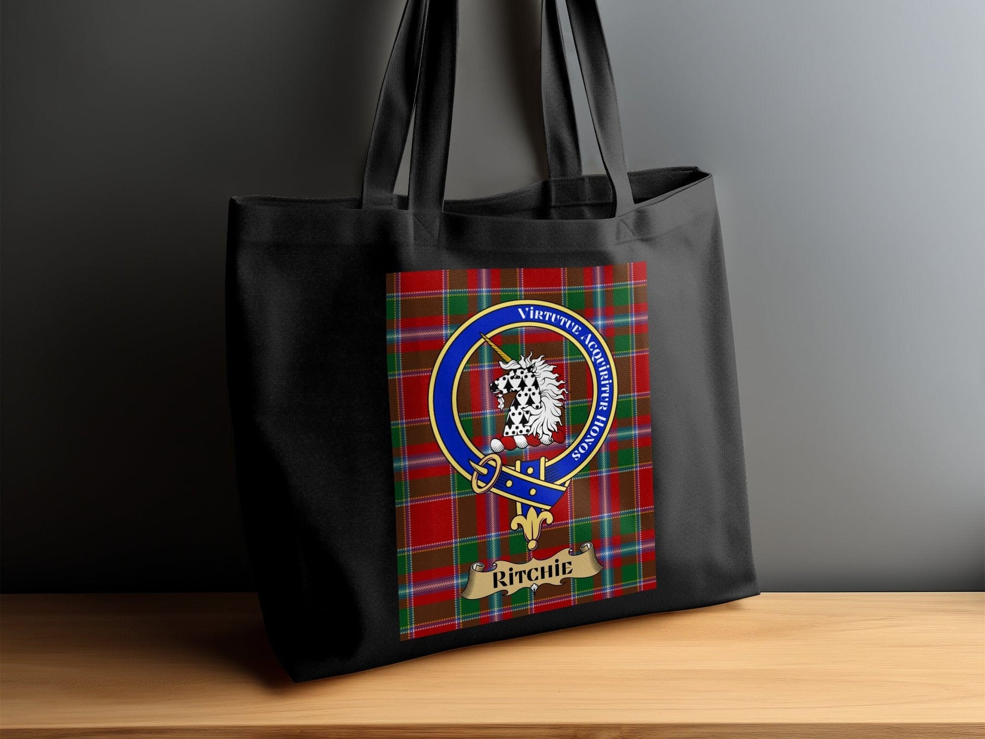 Physical Item 15"x16" / Black Scottish clan crest on tartan background Tote Bag