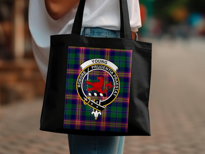 Physical Item 15"x16" / Black Scottish Clan Crest on Tartan Background Tote Bag