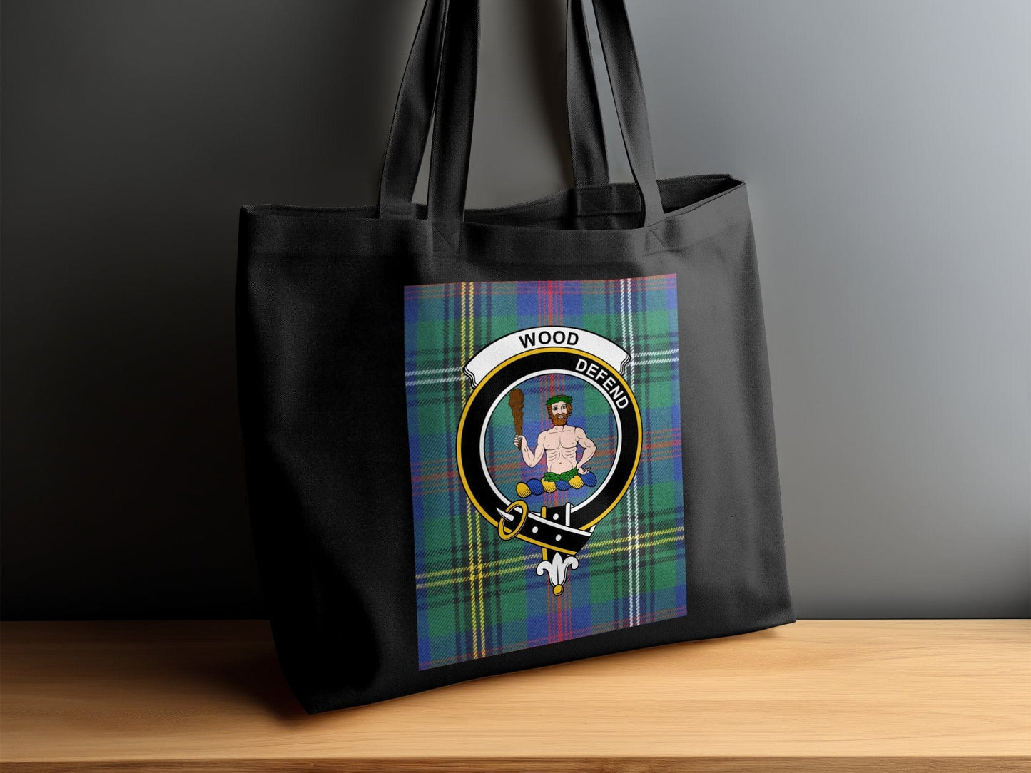 Physical Item 15"x16" / Black Scottish Clan Crest on Tartan Background Tote Bag