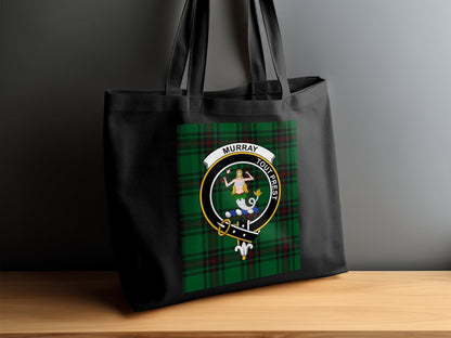 Physical Item 15"x16" / Black Scottish Clan Crest on Tartan Background Tote Bag