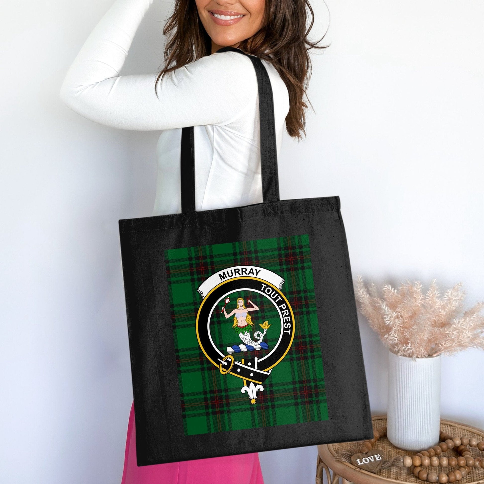 Physical Item 15"x16" / Black Scottish Clan Crest on Tartan Background Tote Bag