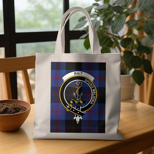 Physical Item 15"x16" / Black Scottish Clan Crest on Tartan Background Tote Bag