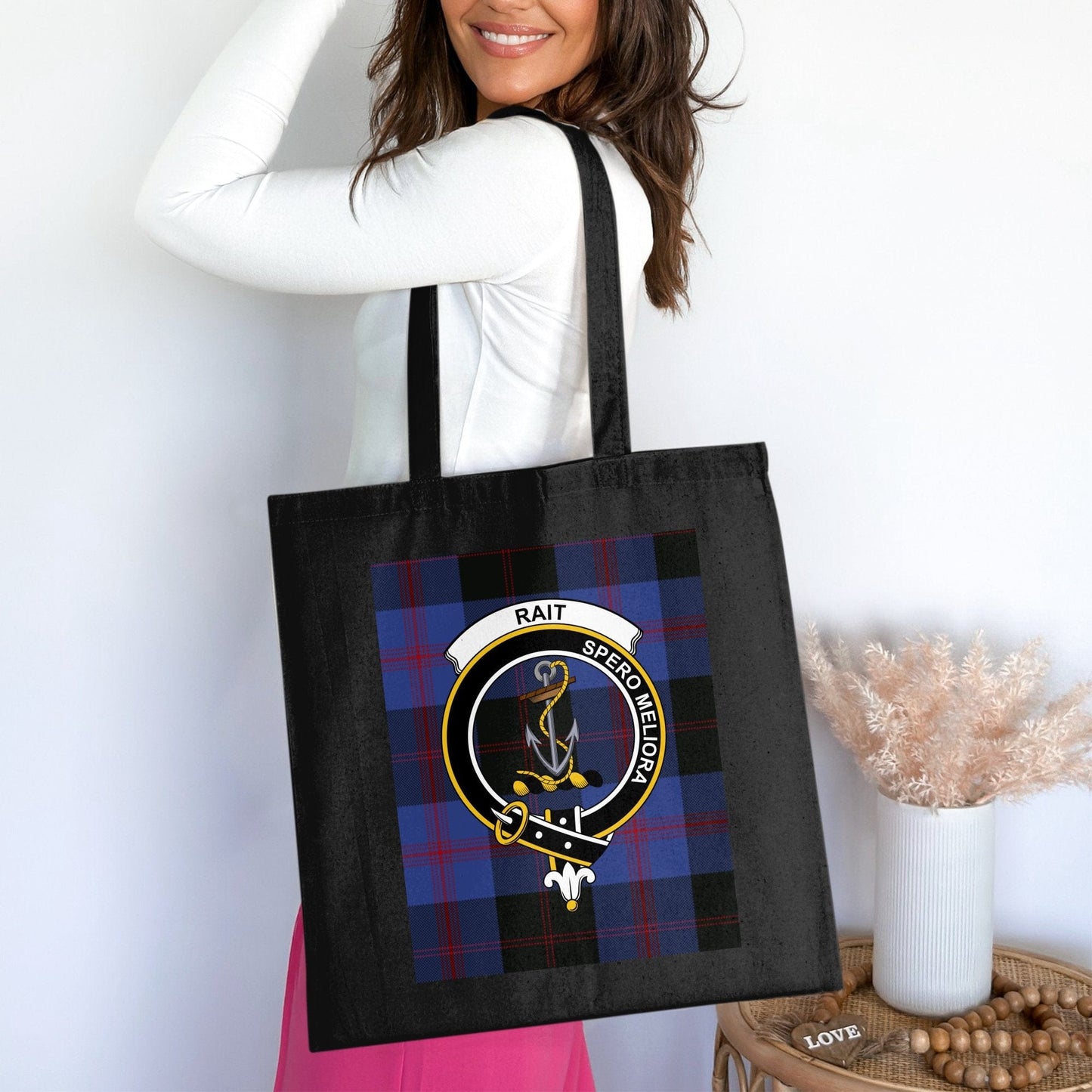 Physical Item 15"x16" / Black Scottish Clan Crest on Tartan Background Tote Bag