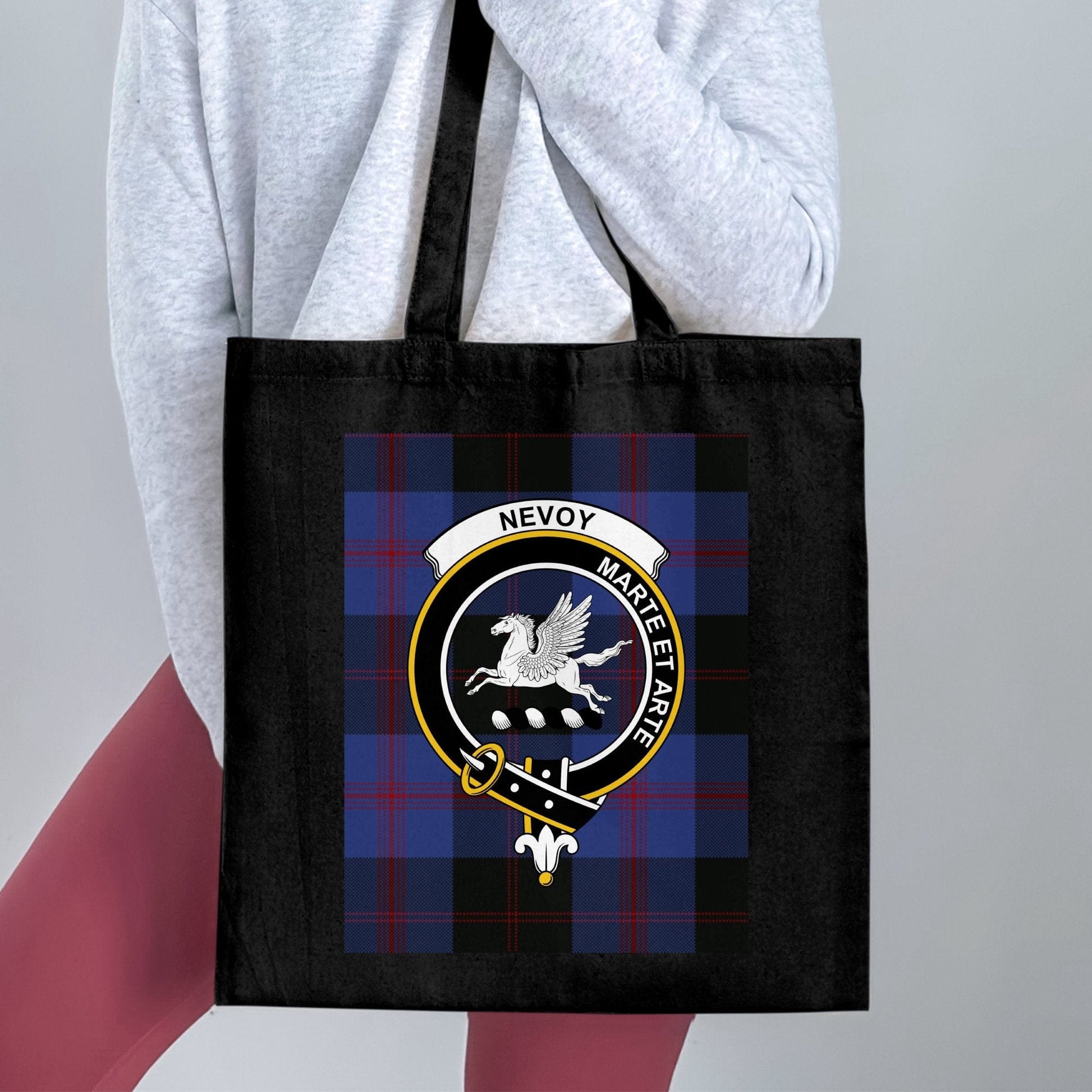 Physical Item 15"x16" / Black Scottish Clan Crest on Tartan Background Tote Bag