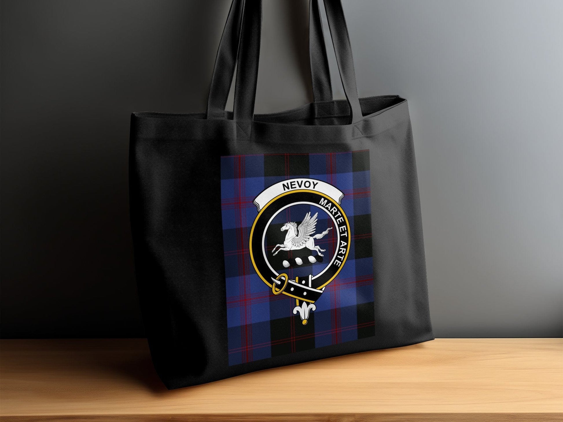 Physical Item 15"x16" / Black Scottish Clan Crest on Tartan Background Tote Bag