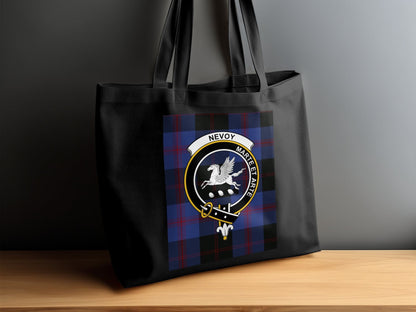 Physical Item 15"x16" / Black Scottish Clan Crest on Tartan Background Tote Bag