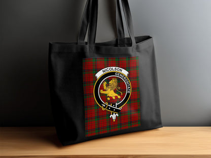 Physical Item 15"x16" / Black Scottish Clan Crest on Tartan Background Tote Bag