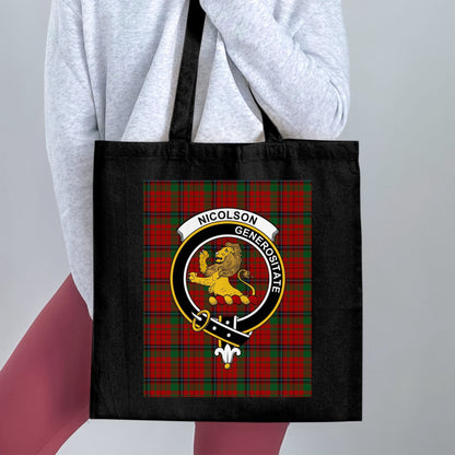 Physical Item 15"x16" / Black Scottish Clan Crest on Tartan Background Tote Bag