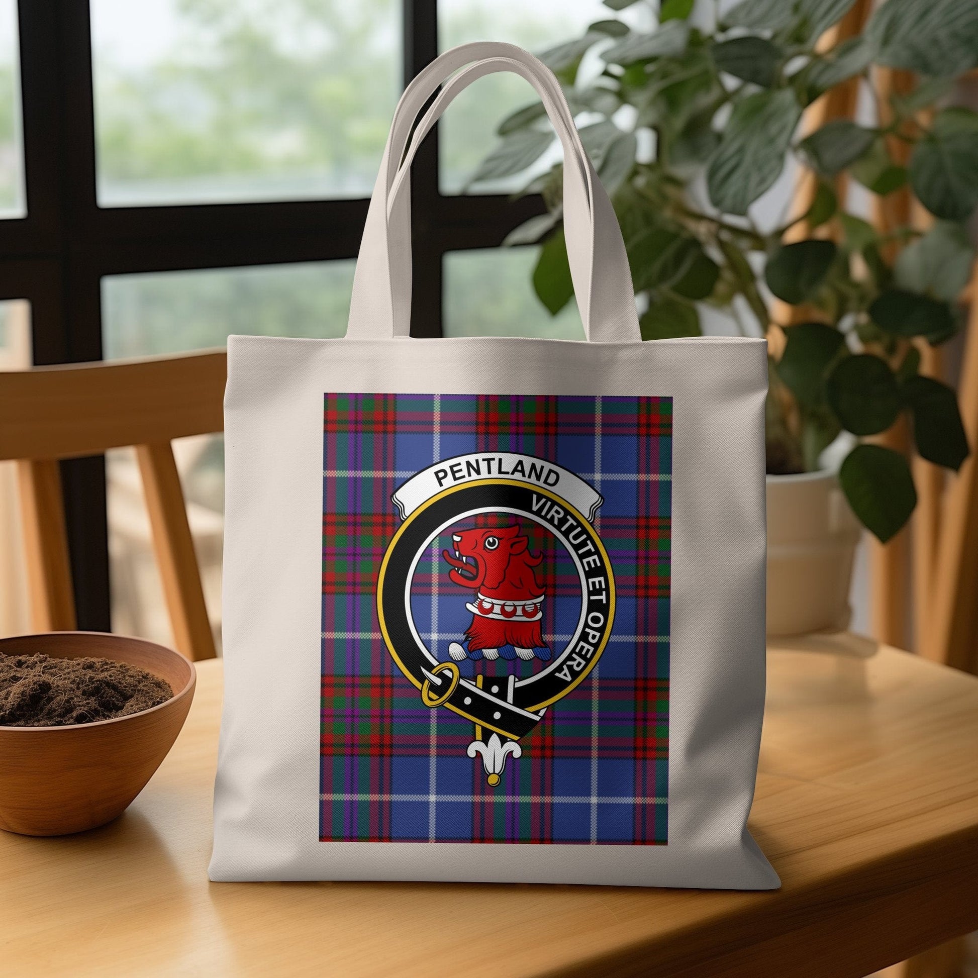 Physical Item 15"x16" / Black Scottish Clan Crest on Tartan Background Tote Bag