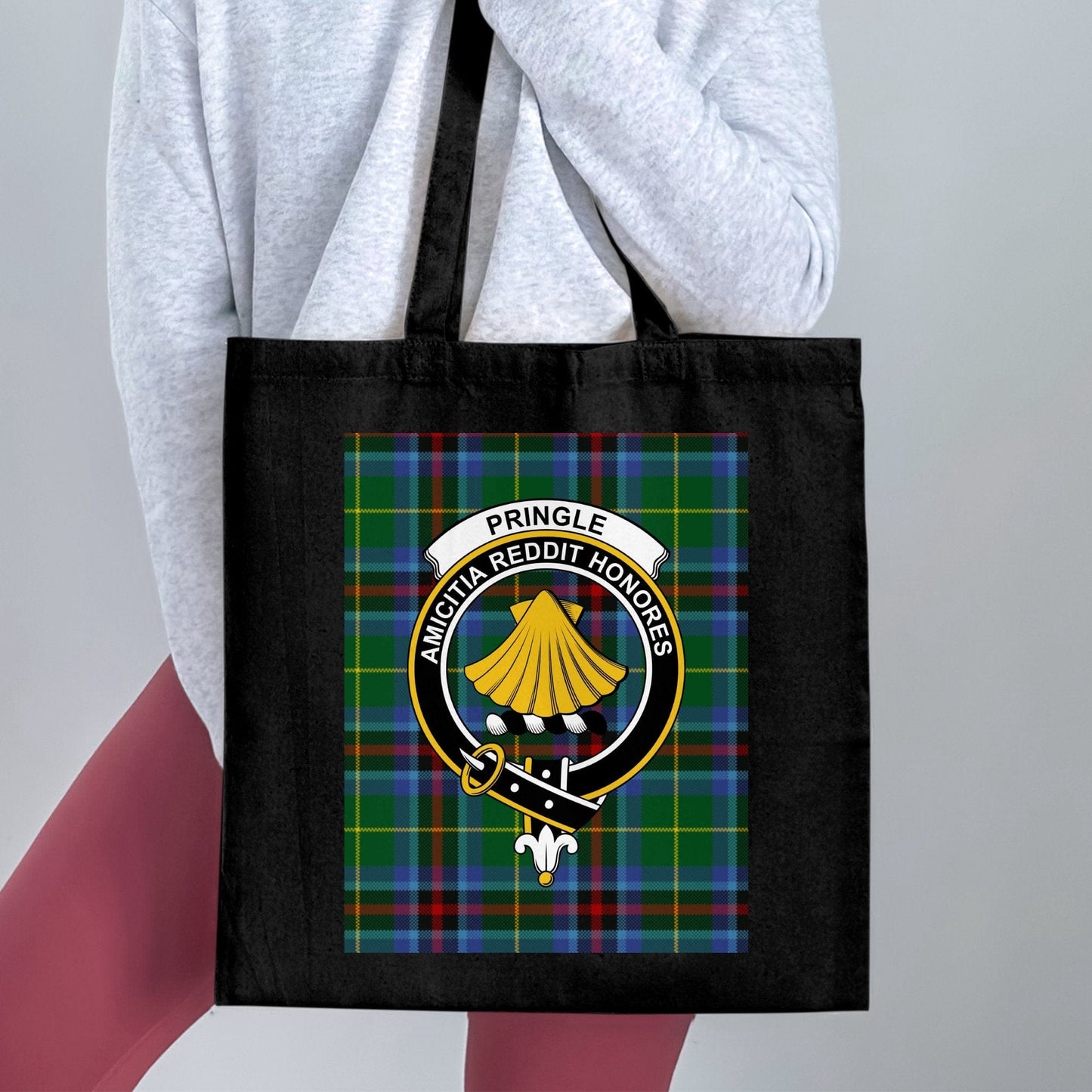 Physical Item 15"x16" / Black Scottish Clan Crest on Tartan Background Tote Bag