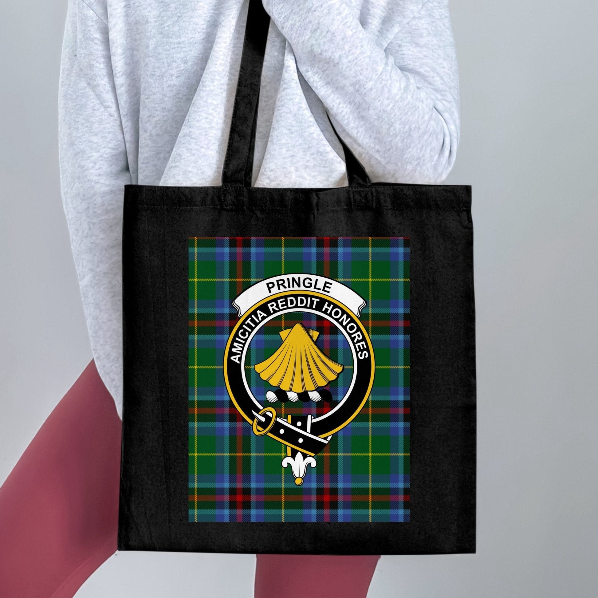 Physical Item 15"x16" / Black Scottish Clan Crest on Tartan Background Tote Bag