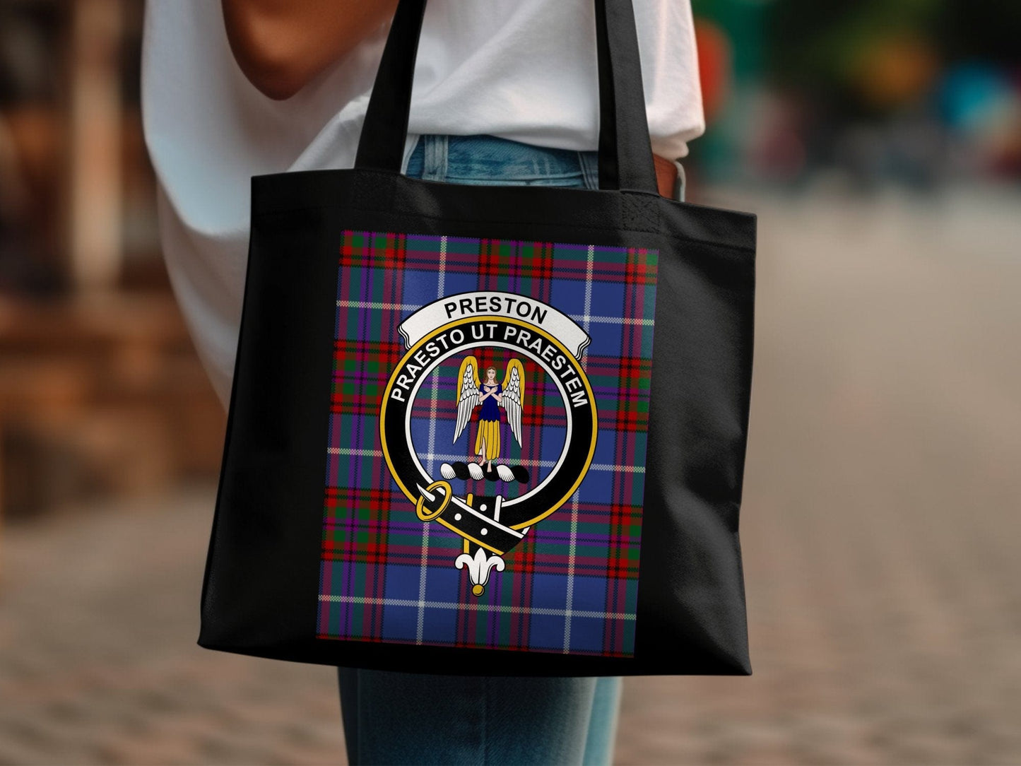 Physical Item 15"x16" / Black Scottish Clan Crest on Tartan Background Tote Bag