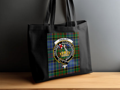 Physical Item 15"x16" / Black Scottish Clan Crest on Tartan Background Tote Bag