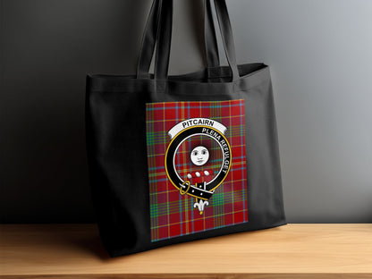 Physical Item 15"x16" / Black Scottish Clan Crest on Tartan Background Tote Bag