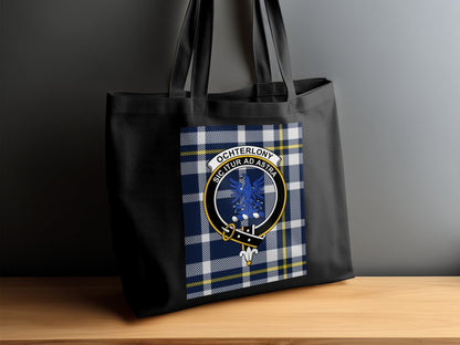 Physical Item 15"x16" / Black Scottish Clan Crest on Tartan Background Tote Bag