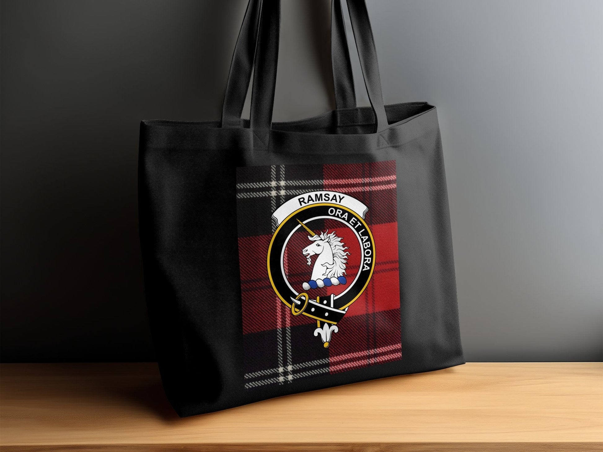 Physical Item 15"x16" / Black Scottish Clan Crest on Tartan Background Tote Bag