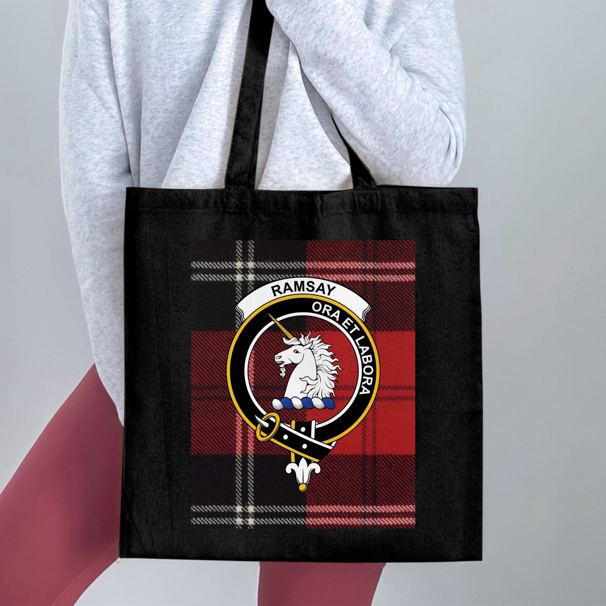 Physical Item 15"x16" / Black Scottish Clan Crest on Tartan Background Tote Bag