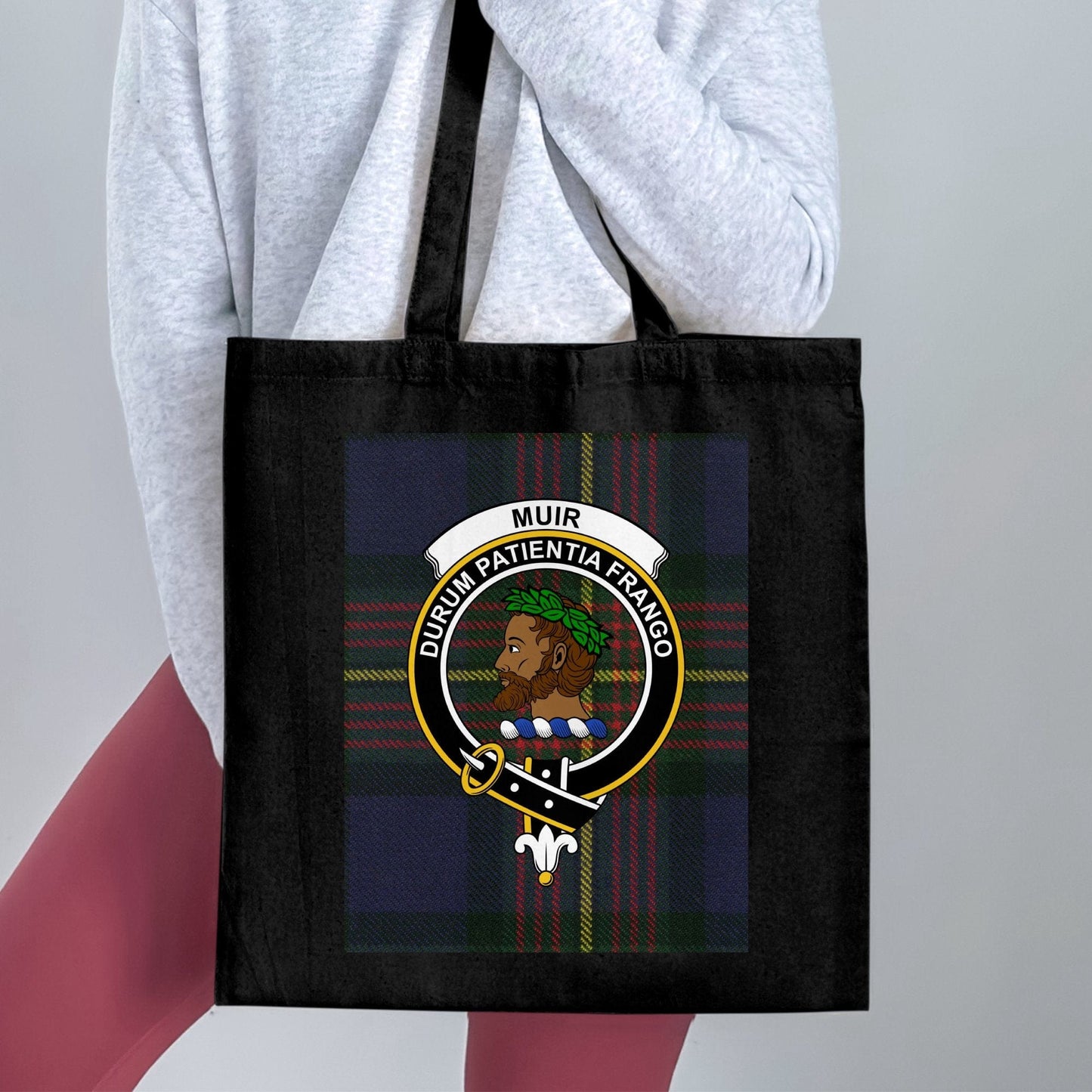 Physical Item 15"x16" / Black Scottish Clan Crest on Tartan Background Tote Bag