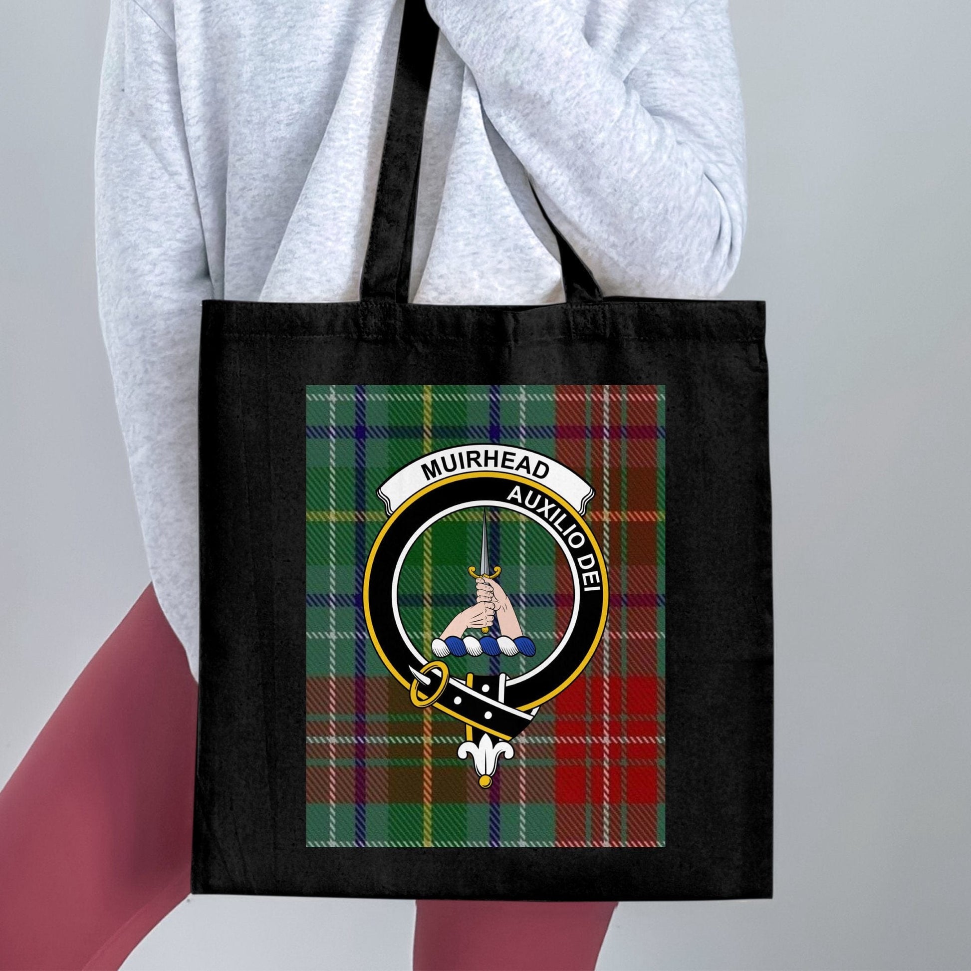 Physical Item 15"x16" / Black Scottish Clan Crest on Tartan Background Tote Bag