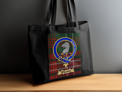 Physical Item 15"x16" / Black Scottish Clan Crest on Tartan Background Wilson Tote Bag