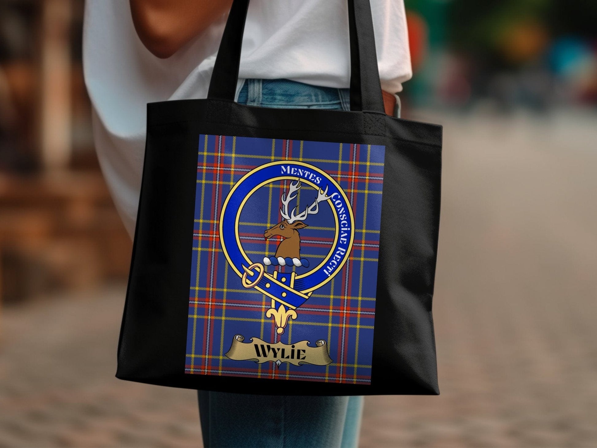 Physical Item 15"x16" / Black Scottish Clan Crest on Tartan Background Wylie Tote Bag