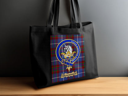 Physical Item 15"x16" / Black Scottish Clan Crest Richardson Tartan Tote Bag