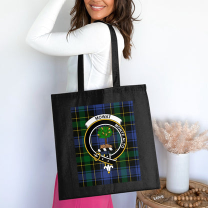 Physical Item 15"x16" / Black Scottish Clan Crest Tartan Background Tote Bag