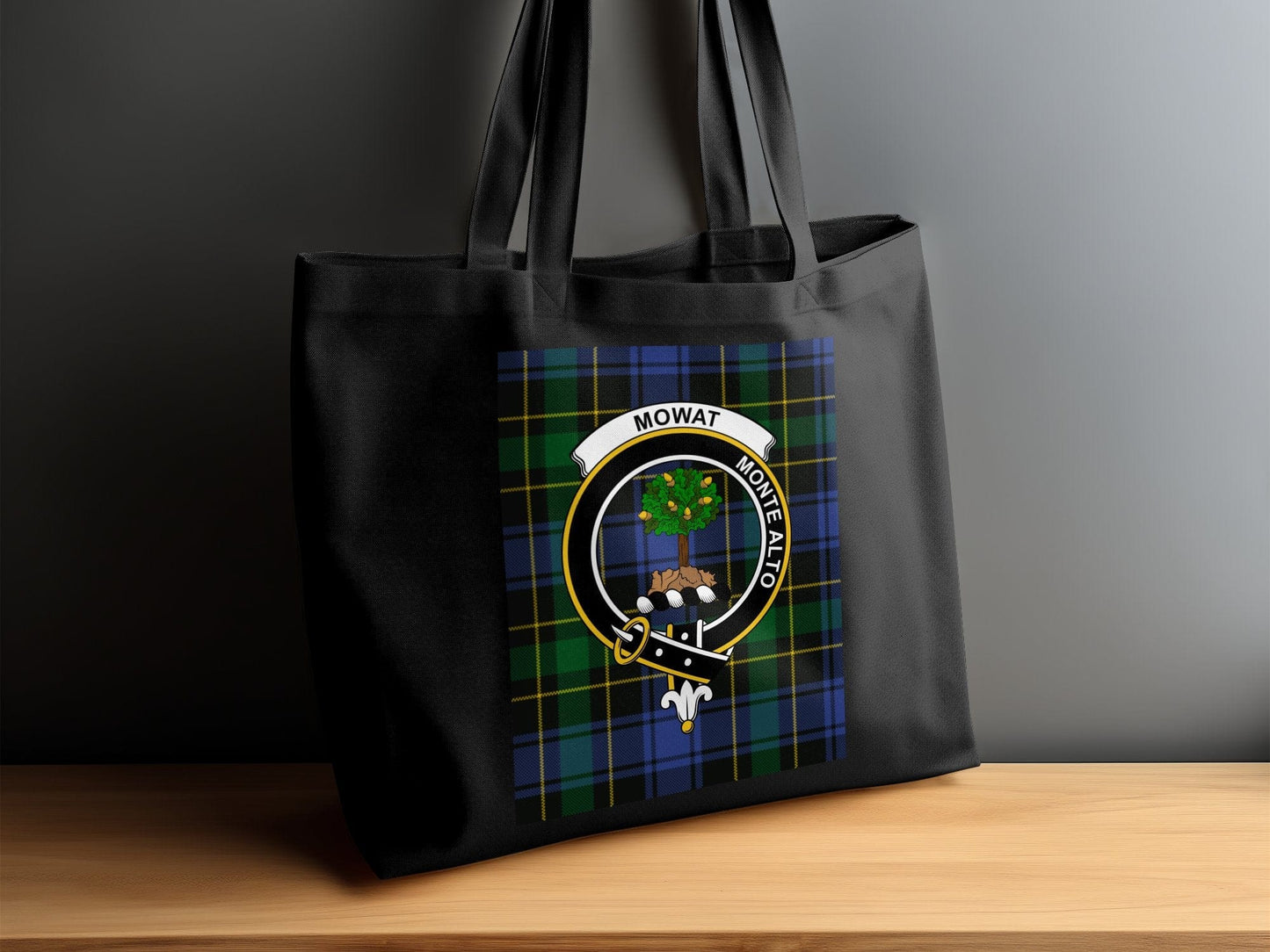 Physical Item 15"x16" / Black Scottish Clan Crest Tartan Background Tote Bag