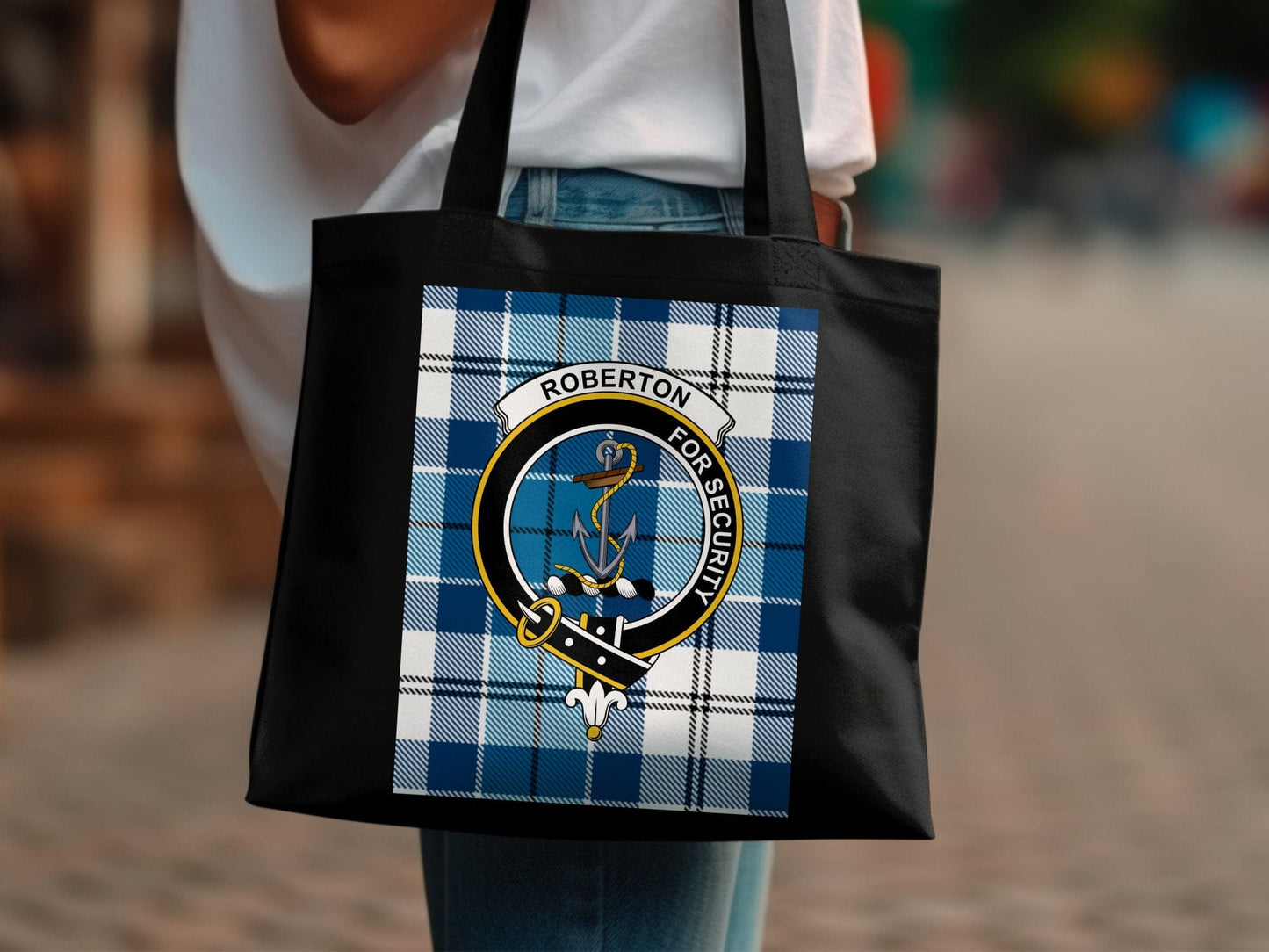 Physical Item 15"x16" / Black Scottish Clan Crest with Tartan Background Tote Bag