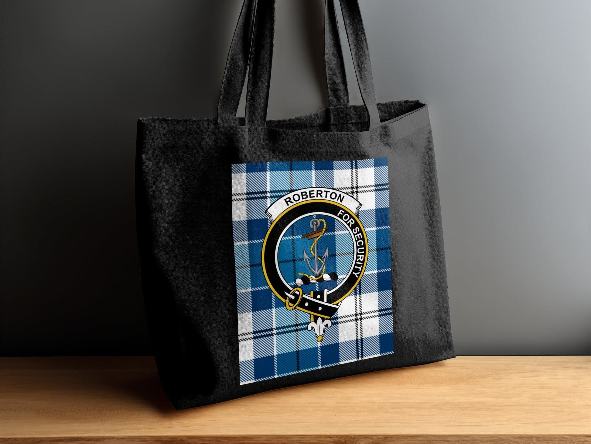 Physical Item 15"x16" / Black Scottish Clan Crest with Tartan Background Tote Bag