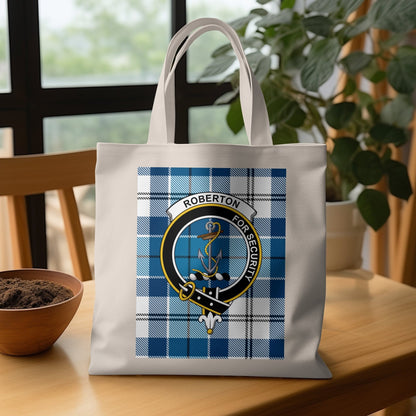 Physical Item 15"x16" / Black Scottish Clan Crest with Tartan Background Tote Bag