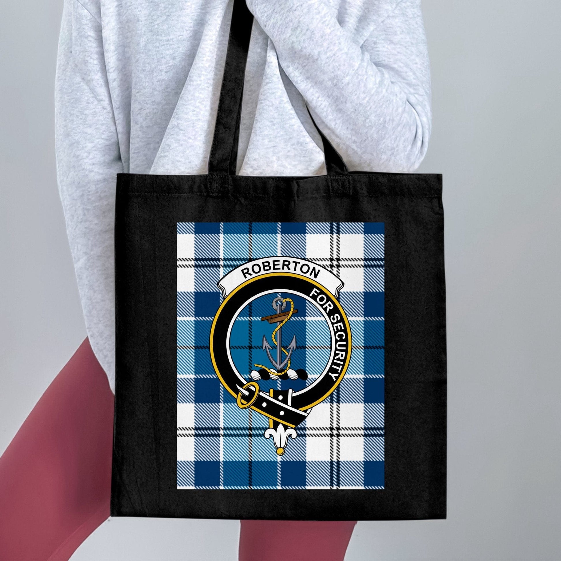 Physical Item 15"x16" / Black Scottish Clan Crest with Tartan Background Tote Bag