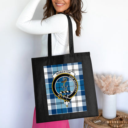 Physical Item 15"x16" / Black Scottish Clan Crest with Tartan Background Tote Bag