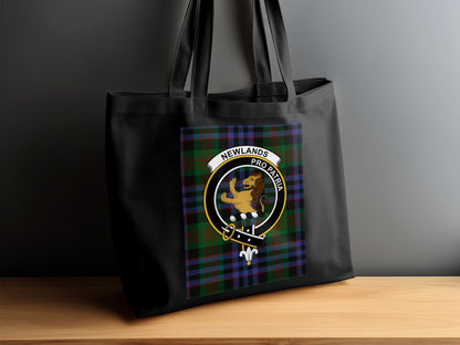 Physical Item 15"x16" / Black Scottish Clan Crest With Tartan Background Tote Bag