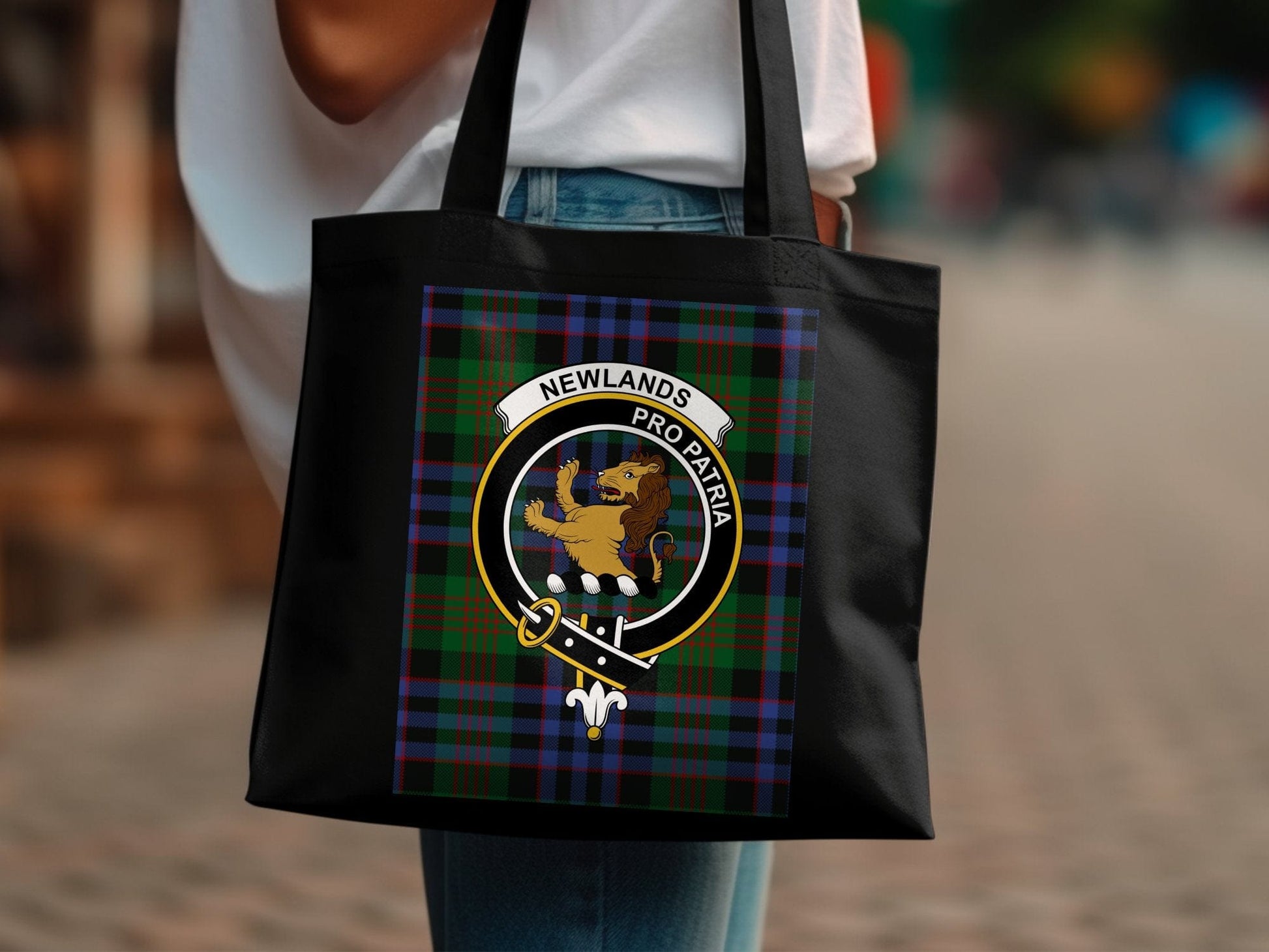 Physical Item 15"x16" / Black Scottish Clan Crest With Tartan Background Tote Bag