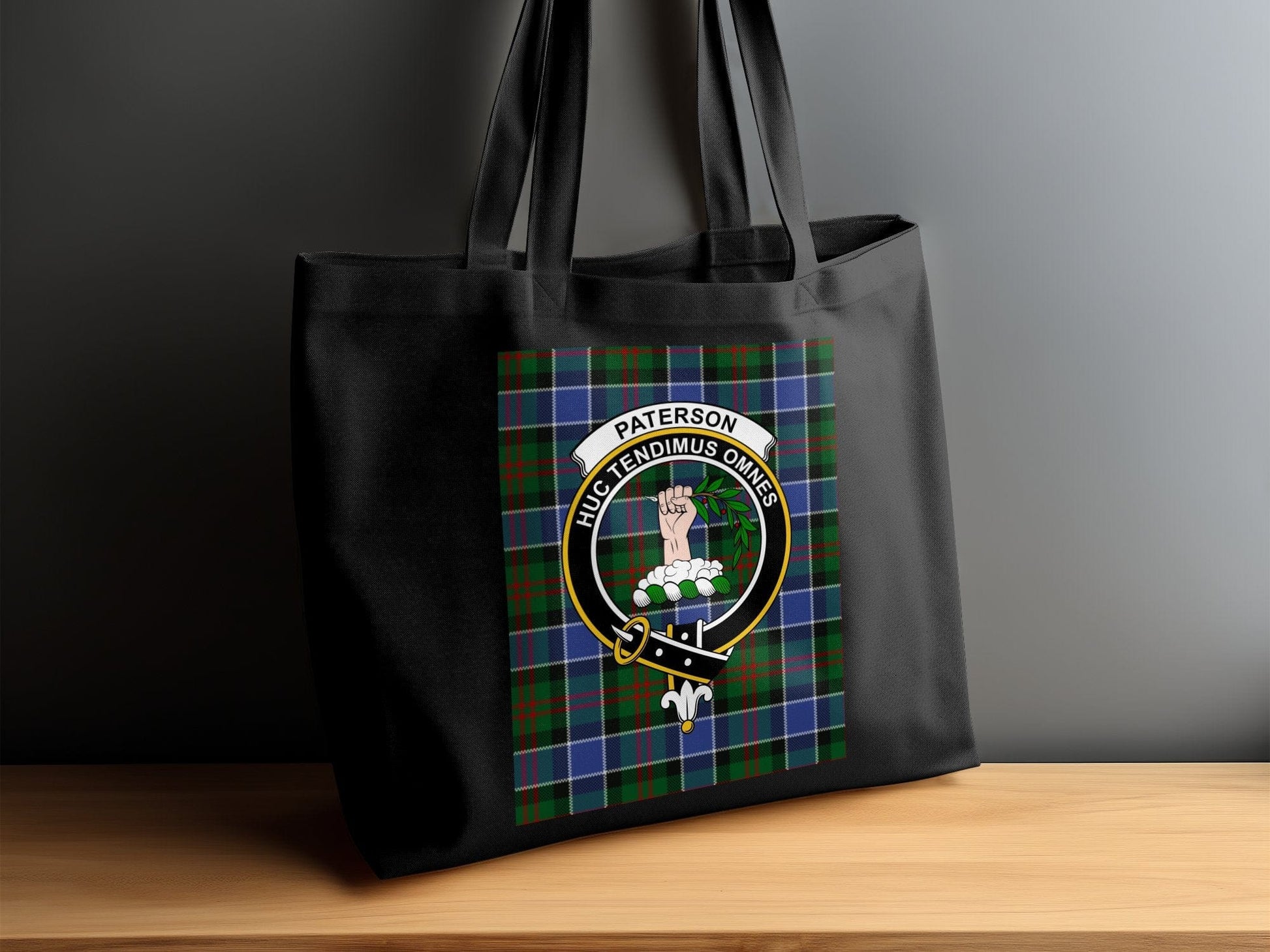 Physical Item 15"x16" / Black Scottish Tartan Clan Crest Design Paterson Tote Bag