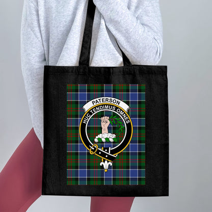 Physical Item 15"x16" / Black Scottish Tartan Clan Crest Design Paterson Tote Bag