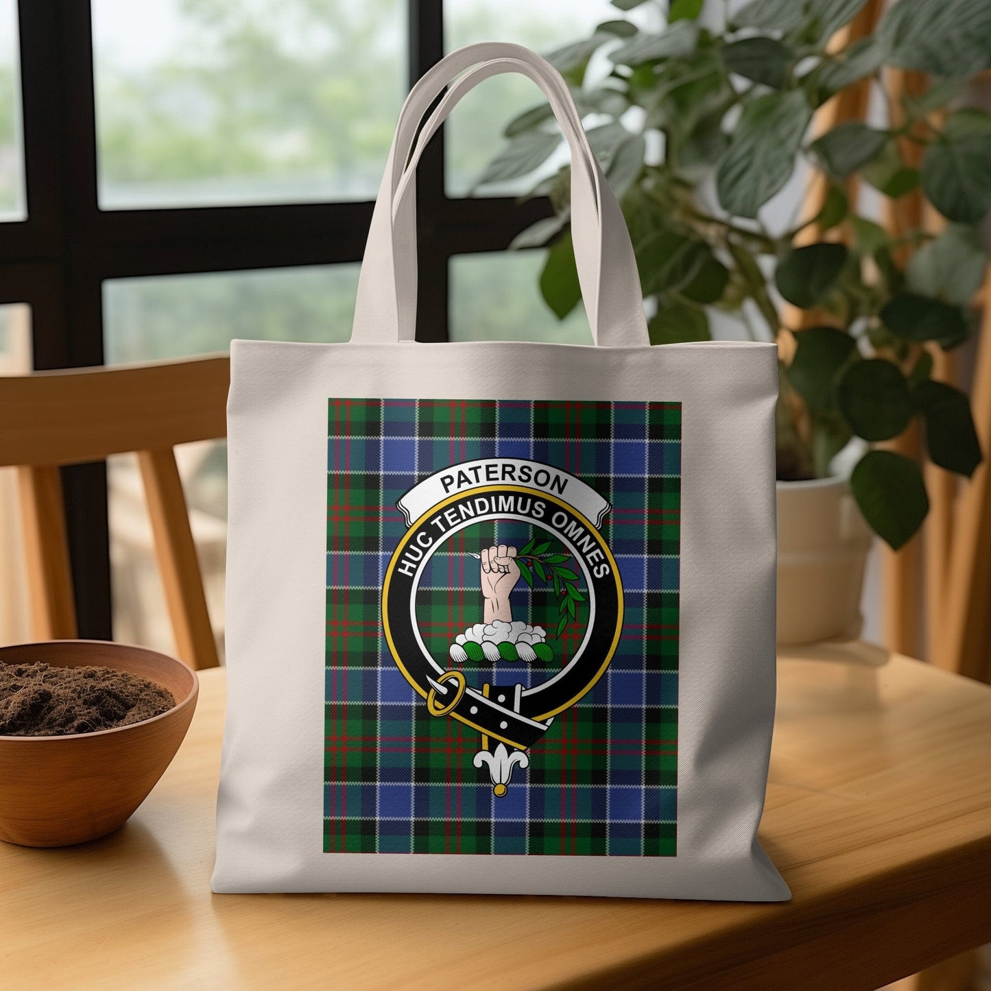 Physical Item 15"x16" / Black Scottish Tartan Clan Crest Design Paterson Tote Bag