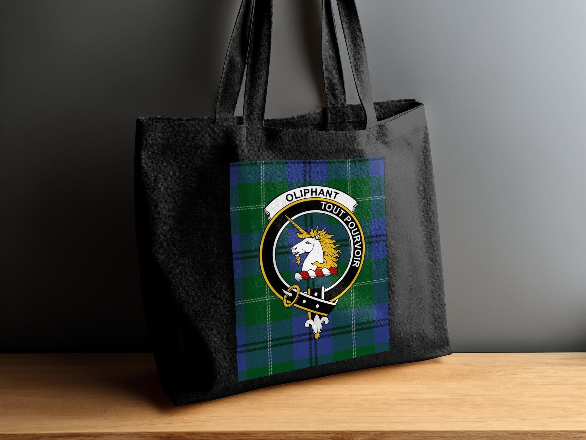 Physical Item 15"x16" / Black Traditional Scottish Clan Crest on Tartan Background Tote Bag