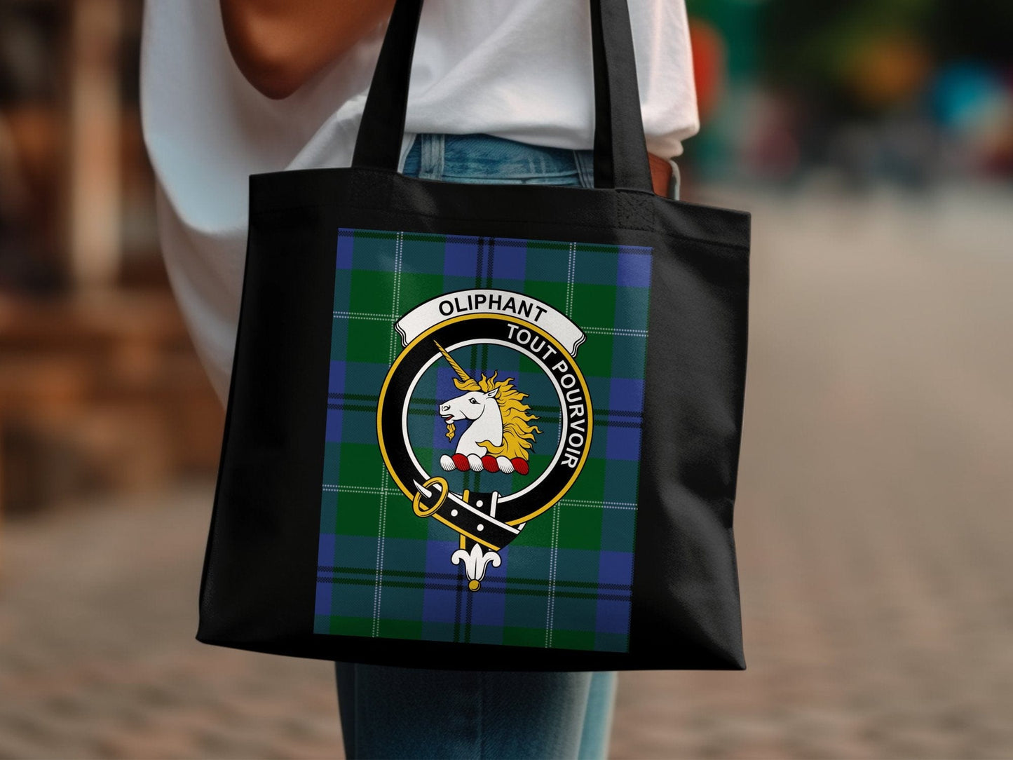 Physical Item 15"x16" / Black Traditional Scottish Clan Crest on Tartan Background Tote Bag