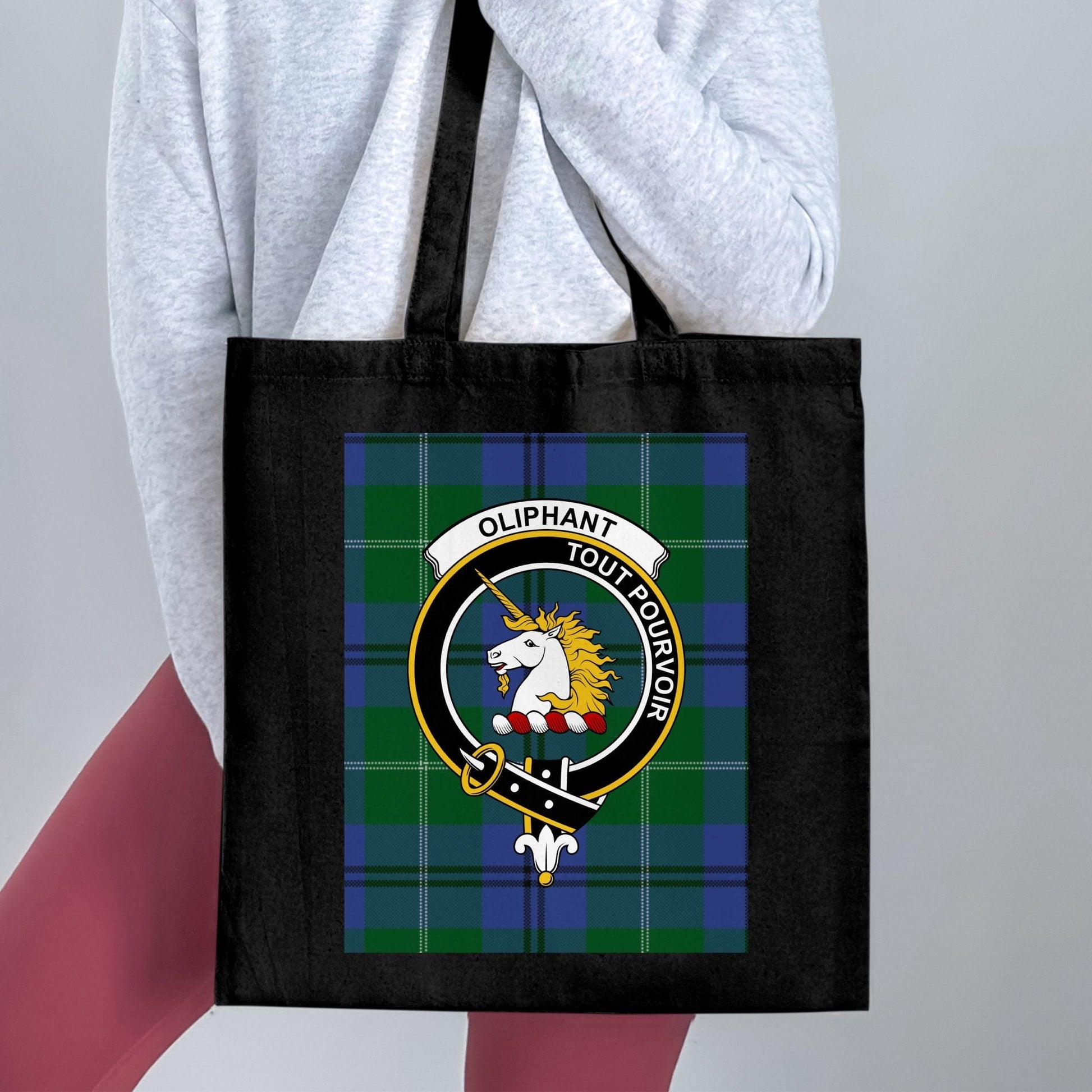 Physical Item 15"x16" / Black Traditional Scottish Clan Crest on Tartan Background Tote Bag