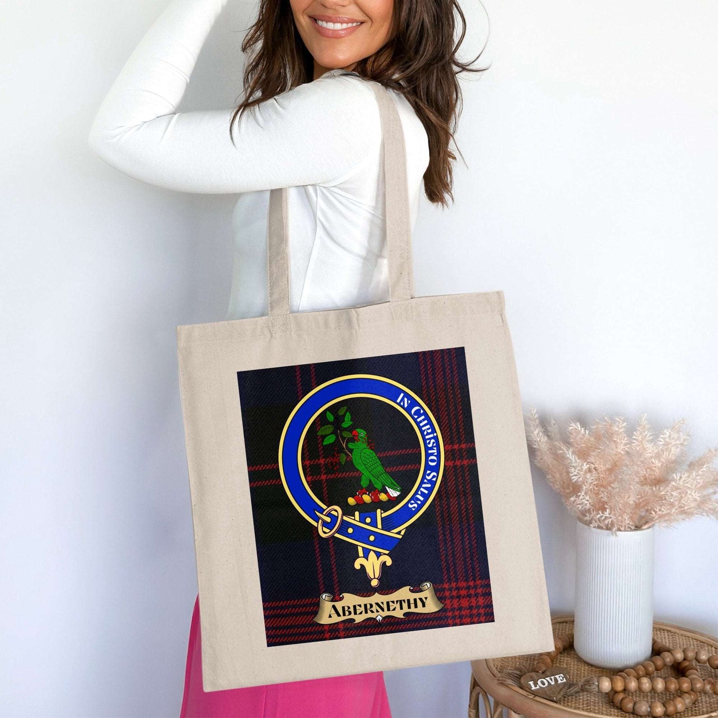 Physical Item 15"x16" / Natural Abernethy Clan Crest Scottish Tartan Tote Bag