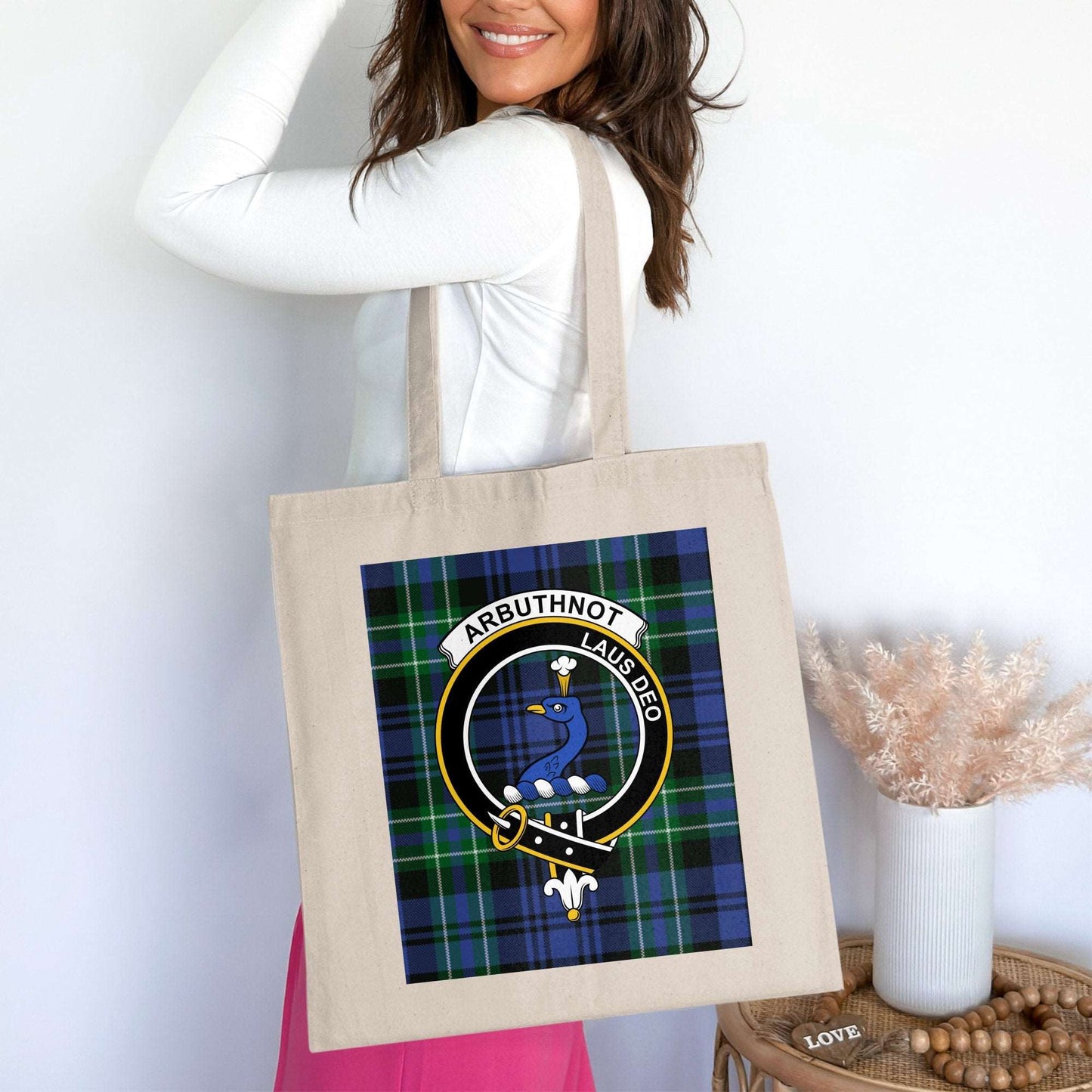 Physical Item 15"x16" / Natural Arbuthnot Clan Scottish Tartan Background Tote Bag