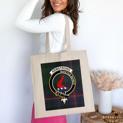 Physical Item 15"x16" / Natural Armstrong Scottish Clan Crest Tartan Tote Bag