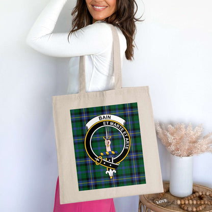 Physical Item 15"x16" / Natural Bain Clan Scottish Tartan Crest Et Marte Et Arte Tote Bag