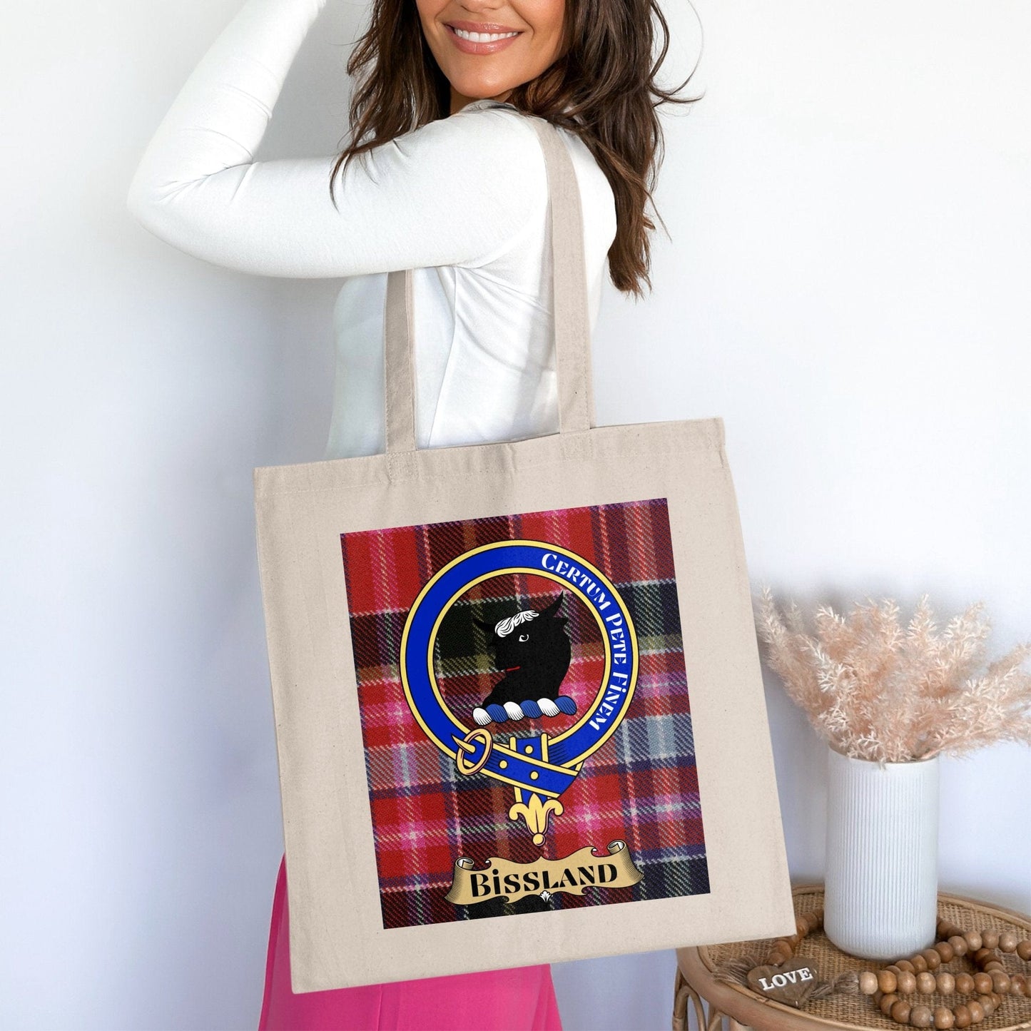 Physical Item 15"x16" / Natural Bissland Clan Crest Scottish Tartan Tote Bag